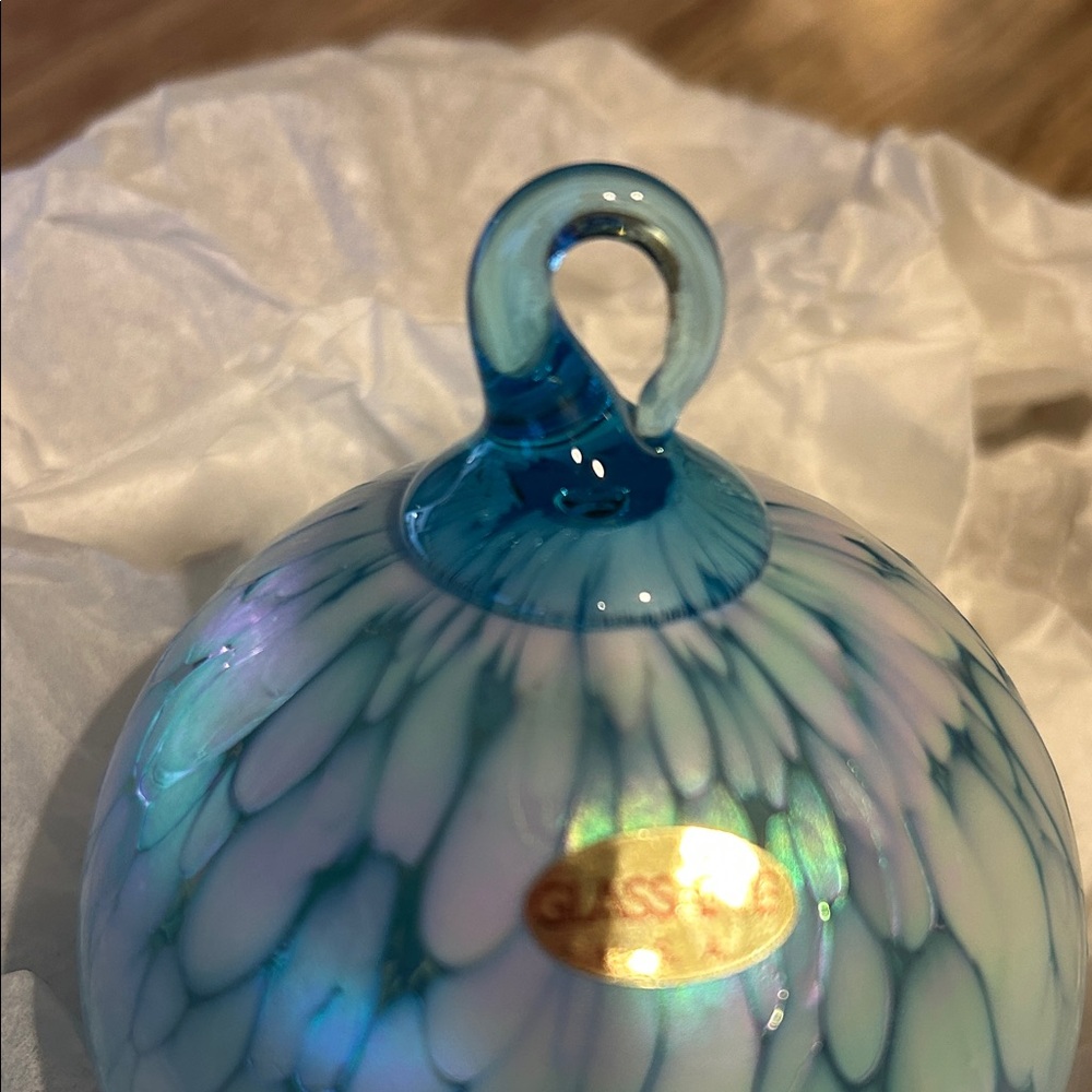 Glass Eye white & blue Iridescent Handblown Glass Ornament - Picture 3 of 4